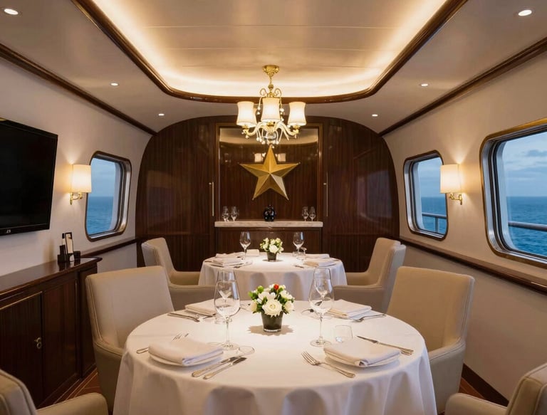 Michelin-star dining setup aboard a luxury cruise ship with ocean views.