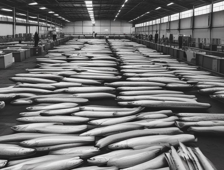A fisherman carefully handling freshly caught salmon on a boat deck at sunrise.