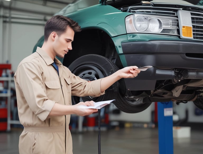 A professional inspector examining a car engine outdoors on a sunny day.