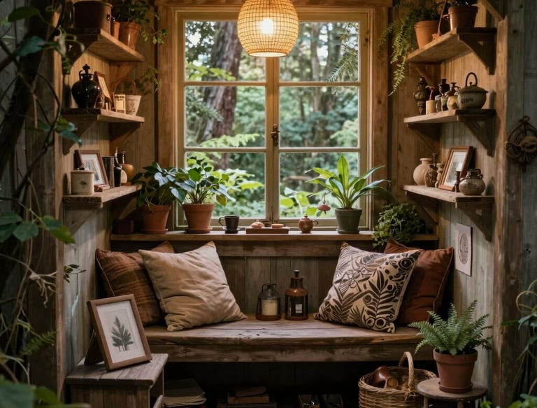 Cozy rustic reading nook with a wooden window bench, indoor plants, and a warm pendant light.