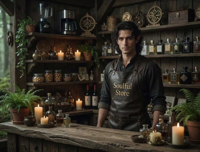 A male apothecary in a rustic wooden shop wearing a Soulful Store apron surrounded by bottles and candles.