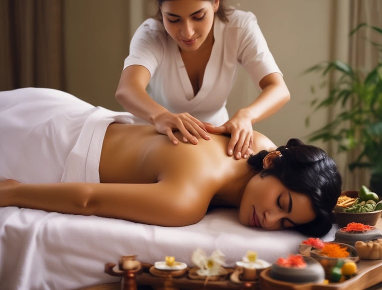A serene spa setting featuring a person lying face down on a massage table covered with a white sheet. Several smooth black stones are placed along their back for a hot stone massage. Soft, ambient lighting creates a warm atmosphere, with bottles of oil visible on a wooden table in the background.