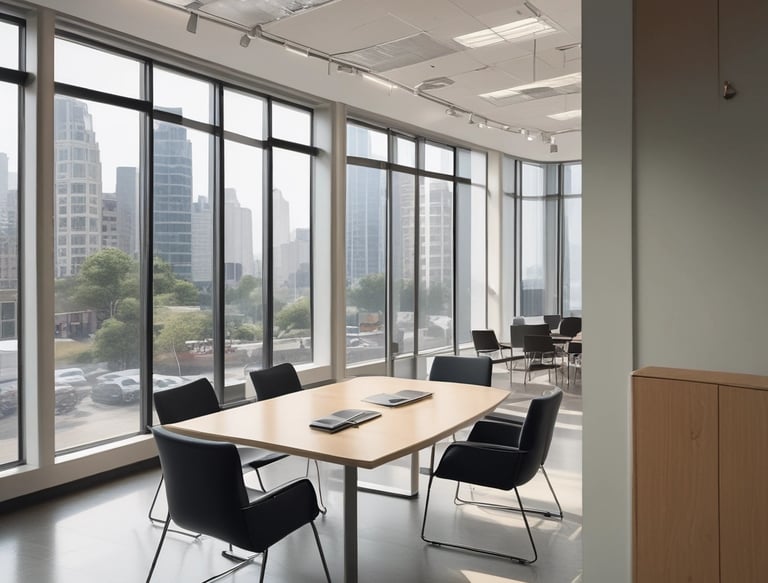 A multi-story building with a business on the ground floor displaying a sign for an architectural company. The facade includes balconies with railings. In front of the entrance, there is a table covered with a red cloth, adorned with decorative floral arrangements. Motorbikes are parked along the sidewalk and there are some potted plants on a ledge above the entrance.