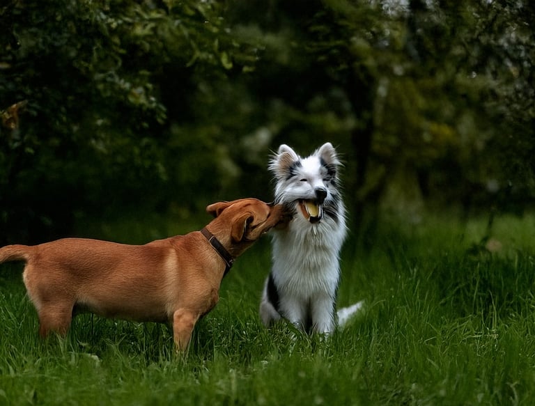 Doğada oyun oynayan iki köpek, sağlıklı ve mutlu anlar yaşıyor.
