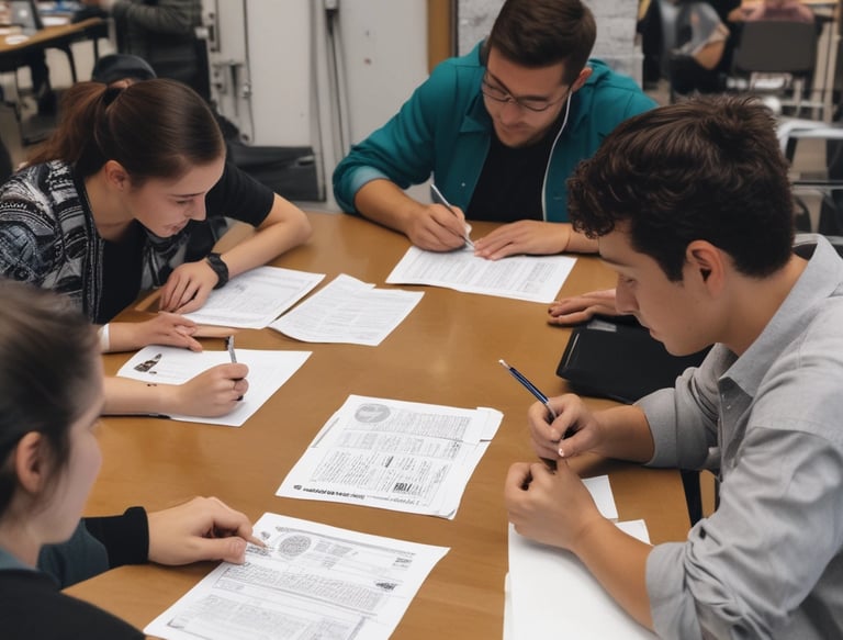 Close-up of hands organizing documents with a pen and highlighter on a wooden desk.