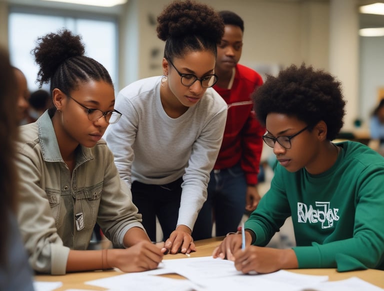 A diverse group of young black students engaged in a workshop setting, collaborating on a project.