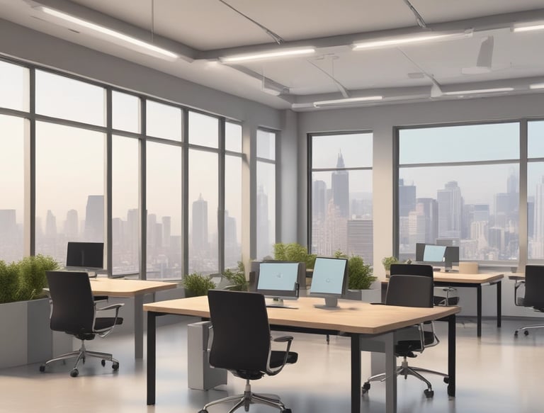 A modern office reception area with a polished floor and stylish wooden ceiling. The space features large windows offering a city view, contemporary seating arrangements, two reception desks with minimalist design, and a prominent accenture logo on an illuminated wall. There are also decorative elements such as potted plants and ambient lighting.