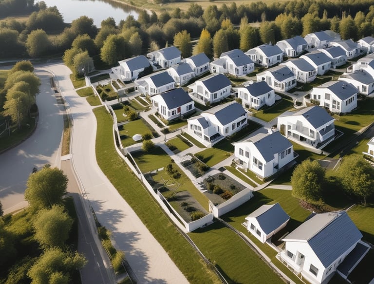 A two-story building with a yellow facade and blue shutters, featuring a real estate agency on the ground floor called Espaces Atypiques. A person is leaning out of an open window on the upper floor. There are parked cars in front of the building under a clear blue sky.