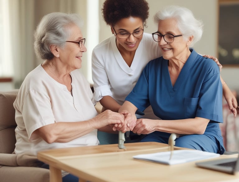 A green sign with the text 'Church Army Home for the Elderly' is prominently displayed on a patch of grass. In the background, a large stone building with gothic-style windows can be seen, suggesting an old-style architectural design. A figure in the background appears to be tending to the garden or performing some task near the building.