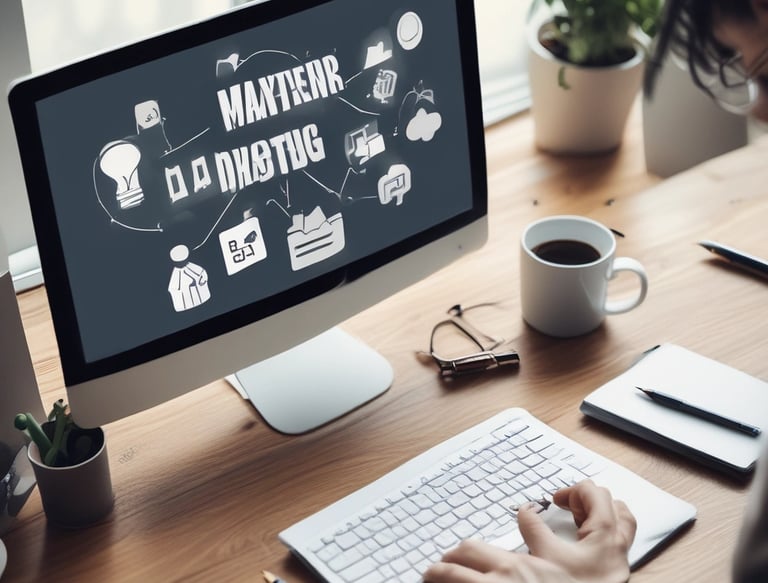 A friendly team brainstorming marketing strategies around a table with laptops and notes.