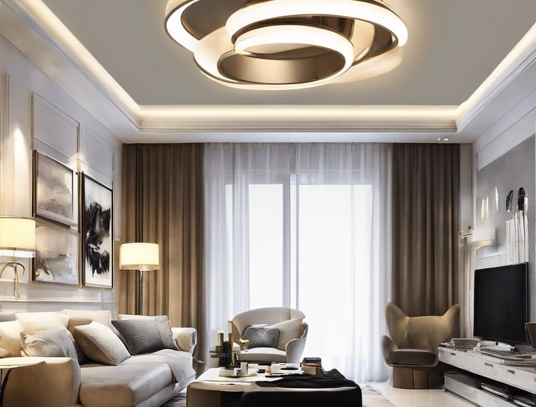 a living room with a couch and a television and celling designer lights