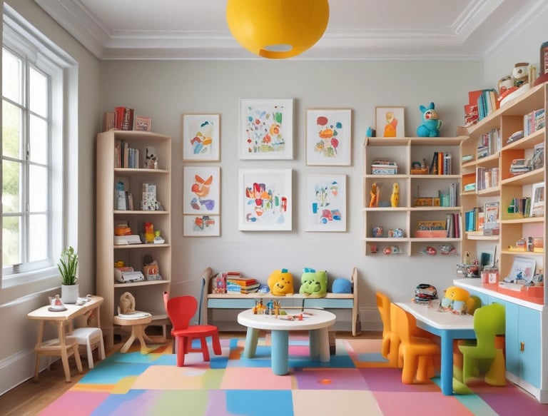 A colorful classroom corner decorated with educational materials and artwork. A tree made of brown paper with a bright yellow paper sun on a blue background. Alphabet letters displayed on a board with multicolored magnets. Several educational posters feature drawings and letters, and a plush toy lies on a white shelf. Various cut-out images and decorations create a child-friendly and engaging learning environment.