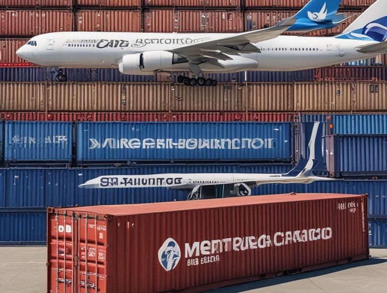 Several stacked shipping containers, predominantly showcasing the brands 'CMA CGM' on blue containers and 'EVERGREEN' on green containers. Below the containers is a blue and white sign with Asian characters.