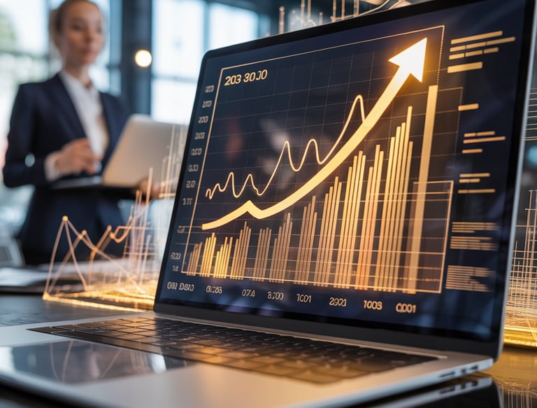 auf einem Laptop wird eine goldene Wachstumskurve angezeigt. Ad Interim Manager im Hintergrund.