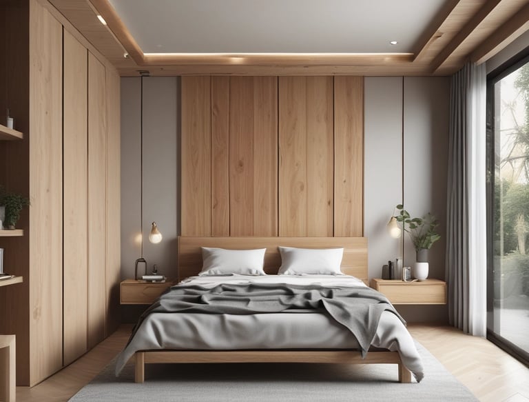 An interior scene featuring a variety of artistic and design elements. A large woven tapestry with fringes is mounted on a textured wall. Below it, a minimalist concrete console table with arched compartments holds several cylindrical and rectangular decorative objects. The ambient lighting is warm, contributing to a cozy atmosphere.