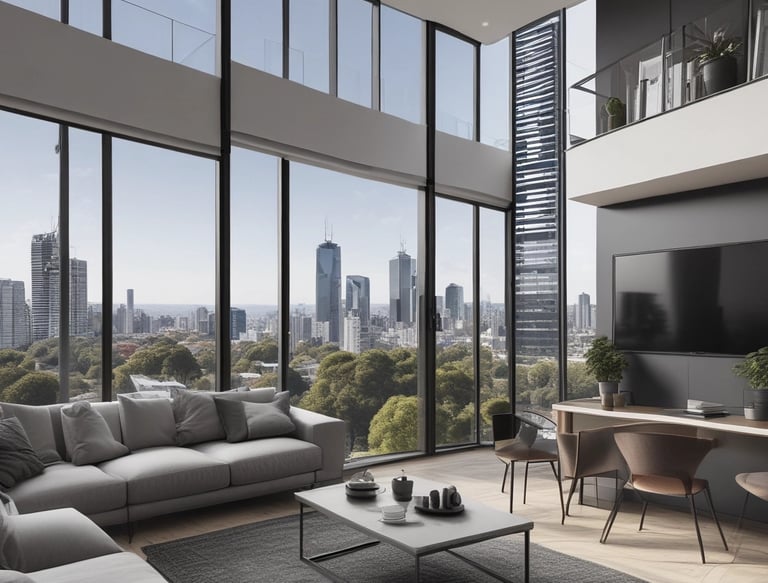 The image features a storefront at night, prominently displaying a sign with the words 'Happy Address' and 'Vacation Rentals' in bright yellow letters on a red background. Below, a large advertisement with the slogan 'Happy Address is where you feel happy' is visible, alongside logos of companies such as TripAdvisor, Airbnb, and Expedia.