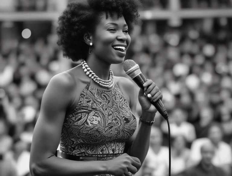 A person is standing on a stage holding a microphone, speaking in front of a large banner. The setting appears to be a formal training or seminar event. The banner contains text about 'Training Andalasian Character' and shows some logos, emphasizing educational or character-building themes. The decor includes wooden paneling and green and white elements.