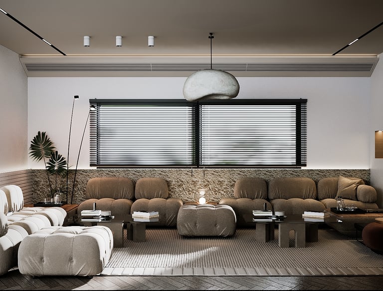 A cozy living room with a large sectional sofa, a unique pendant light fixture, and a neutral color