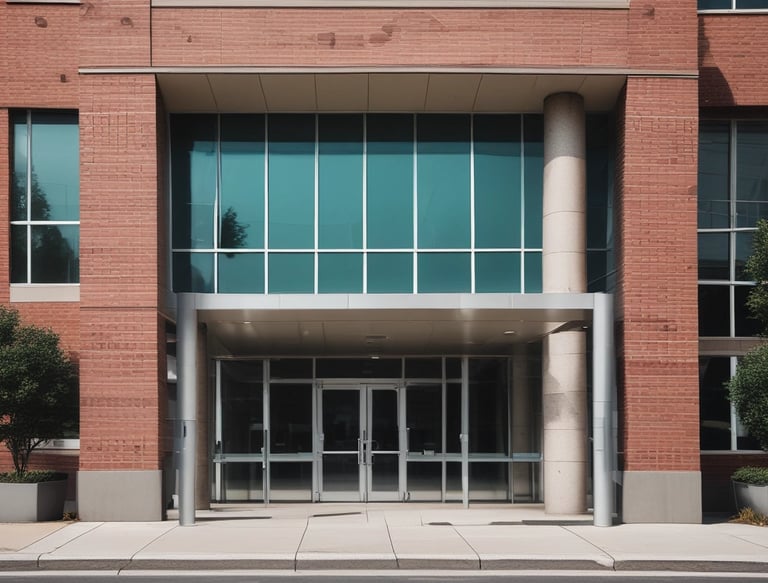 A person wearing a vest with the logo of SUSALUD is standing in front of a hospital emergency entrance. The building is large and painted in white and yellow with a sign labeled 'EMERGENCIA' above the door. There are a few people near the entrance, including what appears to be medical staff.