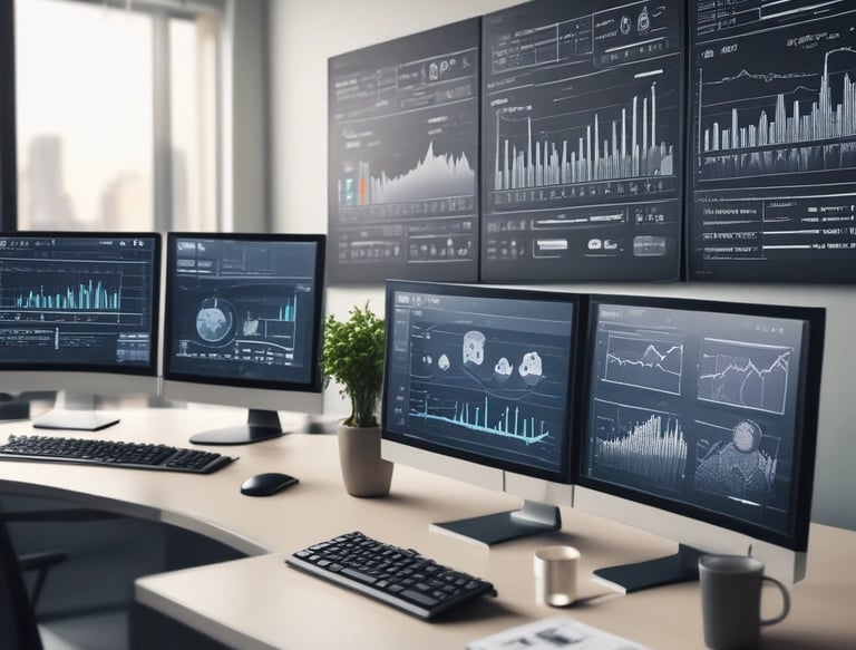 A person with long hair is sitting at a desk in a brightly lit office environment. They are writing on a clipboard and surrounded by various office supplies including a laptop, pens, and a stapler. On the desk, there is also a bowl of fruit and some stacked books. Certificates or diplomas are framed on the wall behind.
