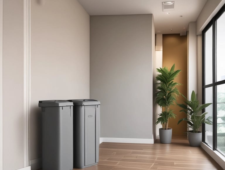 A well-dressed janitor in a suit and bowtie, elegantly managing waste in a pristine apartment building environment.