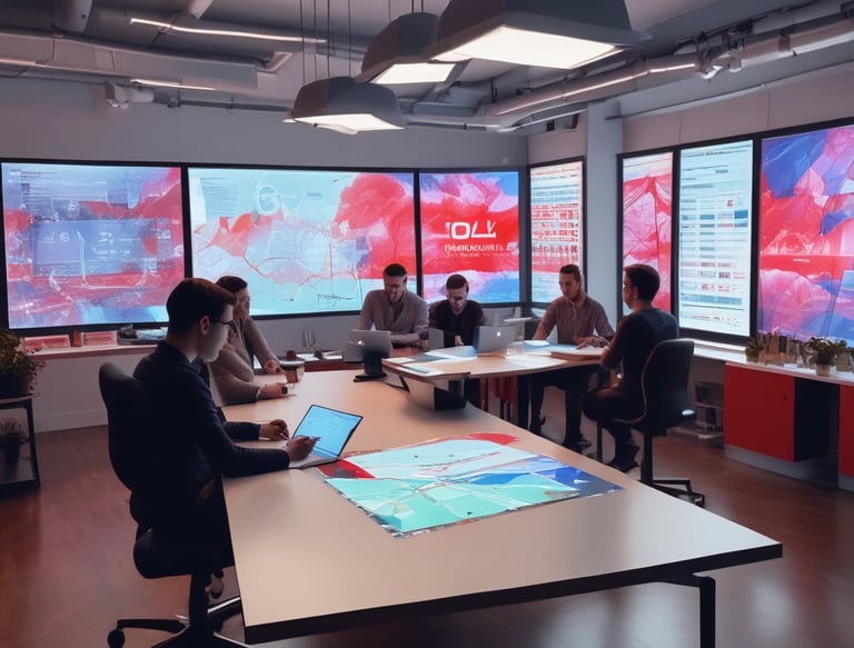 A modern office space with a collaborative team discussing marketing strategies.