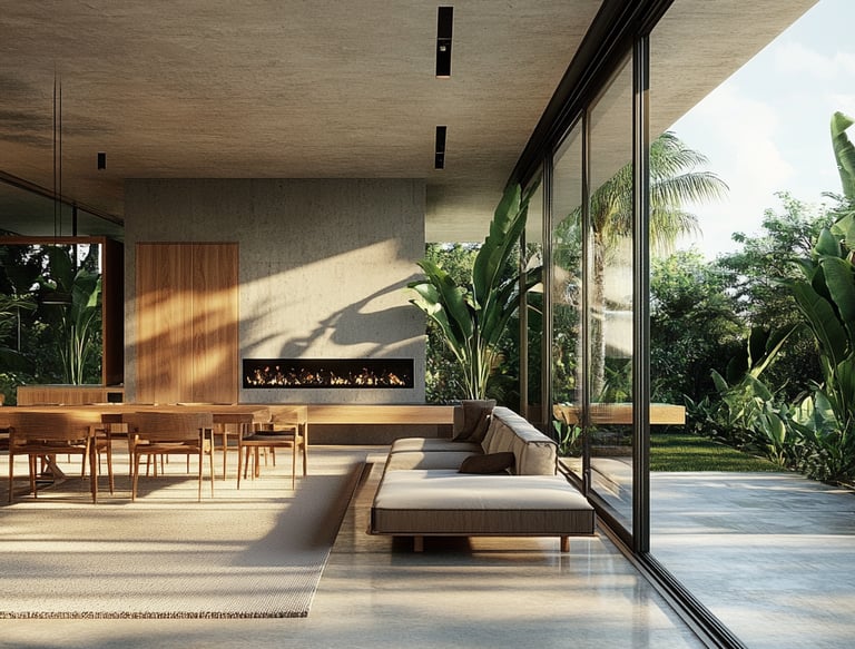Sala comedor de diseño moderno y abierto con vista a la vegetación tropical en residencia, Tulum