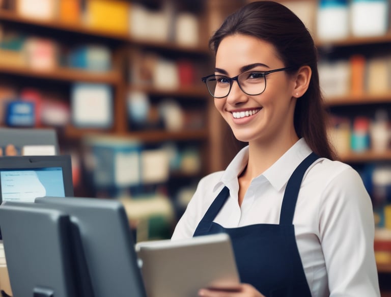 A dimly lit fast-food kitchen with a person preparing food. The interior features a modern design with a red neon sign on the wall. A refrigerated display case with various drinks is visible, and a menu board is mounted above.