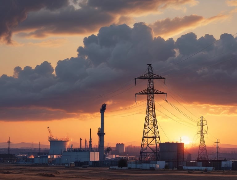 A panoramic view of a large industrial power plant under a clear blue sky.