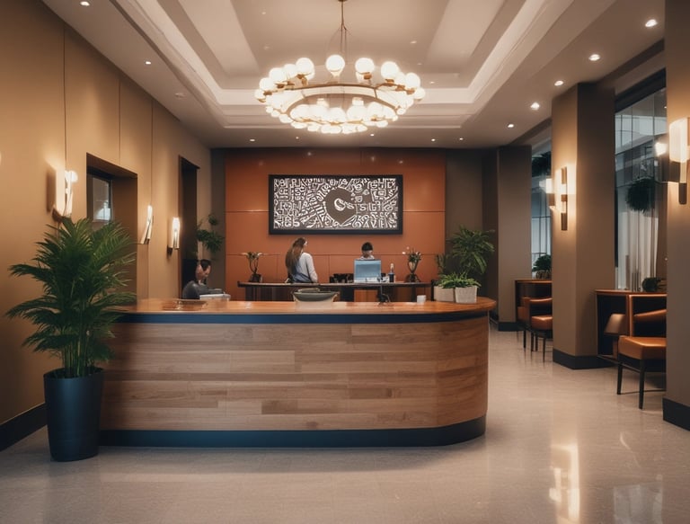 Friendly hotel staff welcoming guests at the lobby of a modern mid-budget hotel.