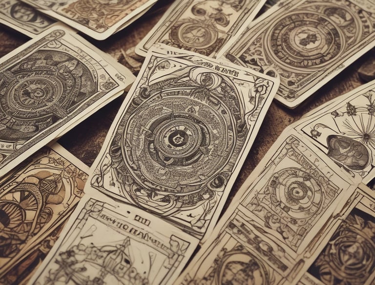 A wooden table with several tarot cards laid out, depicting various images and symbols. A person's hands are visible, holding a deck of cards ready for reading. The atmosphere suggests a moment of concentration and mystery.
