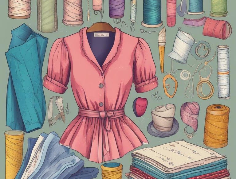 An image of a sewn pink top with fabric, spools of thread in different colors, and notions.