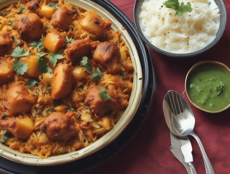 A gourmet dish featuring a large metal bowl filled with biryani, topped with a cooked chicken leg, roasted tomato, and slices of onion, accompanied by a variety of sides including a soup with cilantro garnish, small roasted potatoes, sliced cucumbers and carrots, sliced tomatoes and onions, a bowl of red sauce, a bowl of yogurt, and sliced limes with mint leaves. There are also assorted spices and a decorative piece resembling a knife on the side.