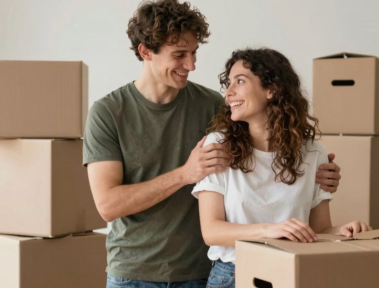Friendly moving team carefully packing boxes in a cozy Salzburg home.
