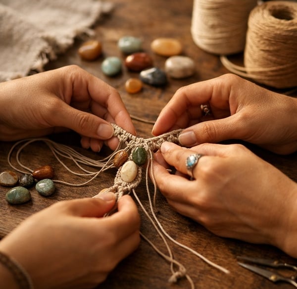 Manos elaborando un collar de macramé hecho a mano con piedras preciosas sobre mesa de madera
