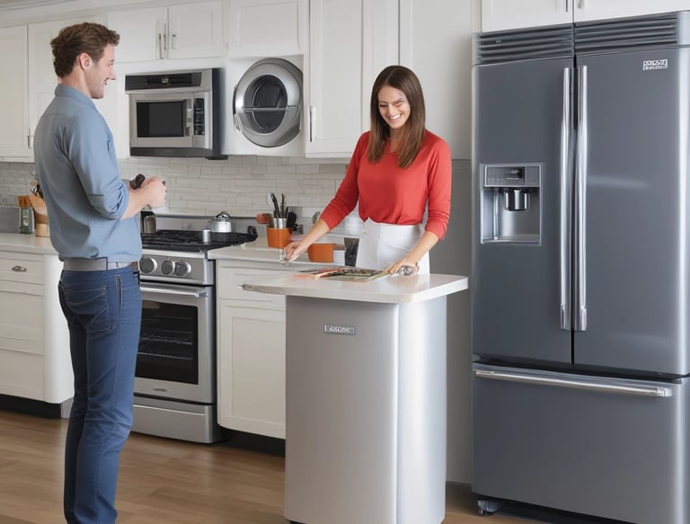 A friendly technician repairing a washing machine in a cozy home kitchen.