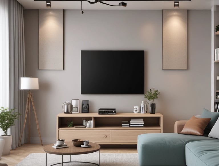 After photo showing the same living room transformed with modern minimalist interior design and warm lighting.