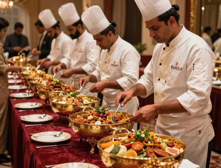 A beautifully set banquet table decorated with red and gold accents under soft warm lighting.