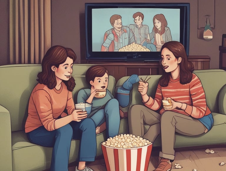 A group of friends happily watching TV together in a cozy living room.