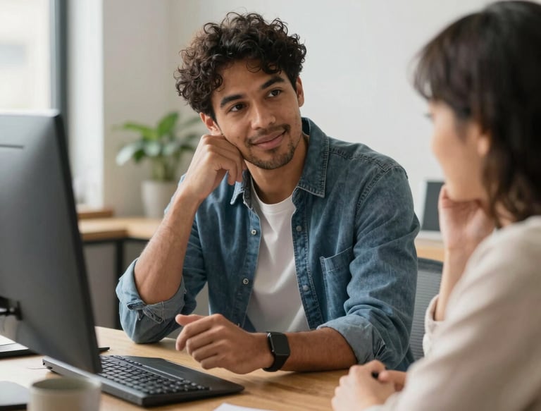 A compassionate recovery specialist speaking with a relieved client in a cozy office.