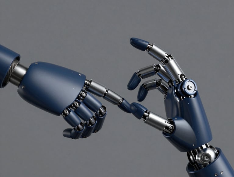 A futuristic robot hand reaching out to a glowing neural network shaped like a brain with stars in the background.