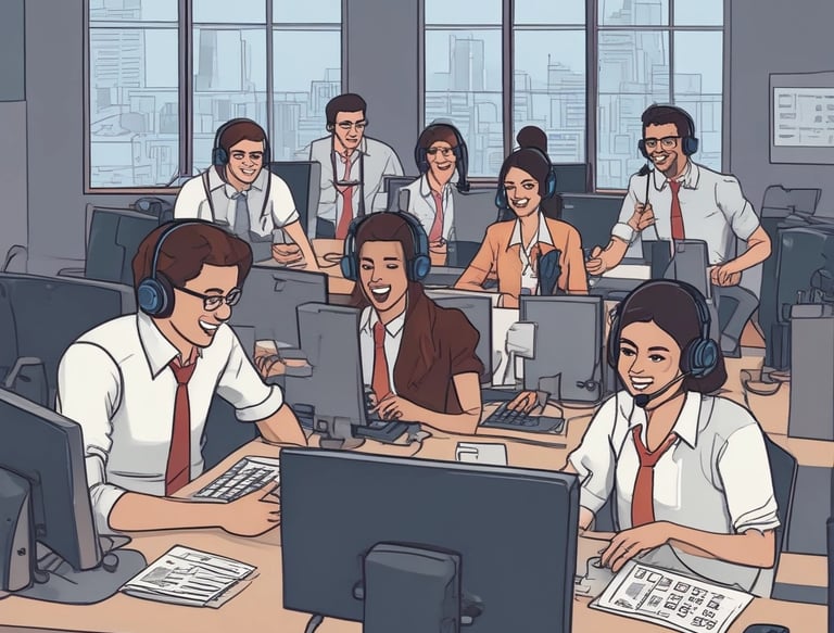 Team of call center agents working efficiently with headsets in a modern office.