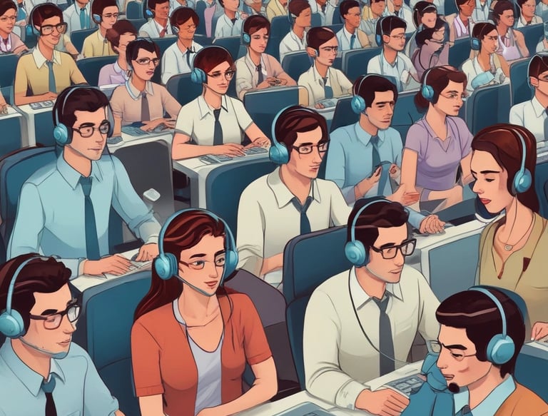 Modern office team collaborating around computers with VoIP and CRM interfaces visible.