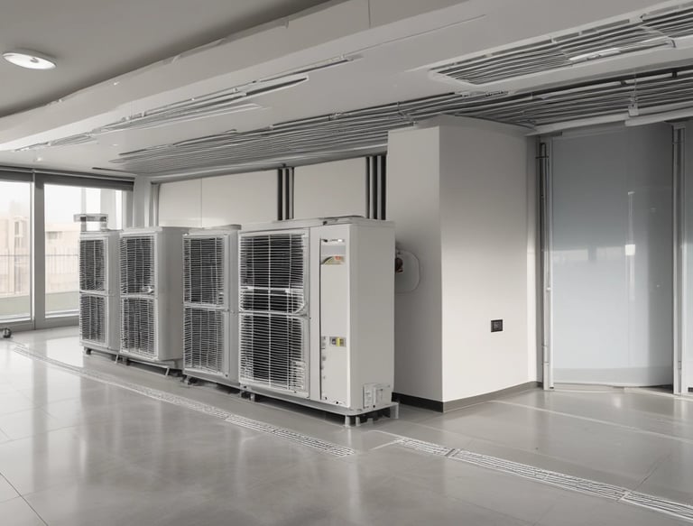 Close-up of a modern refrigeration unit with visible technical details in a warehouse.