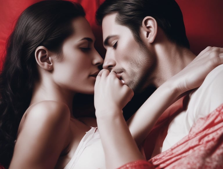 Couple enjoying breakfast in bed in a softly lit hotel room.