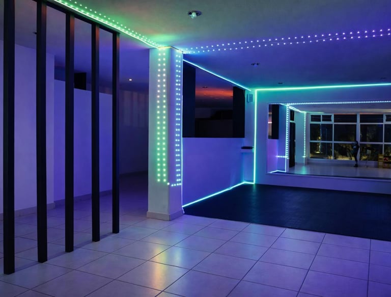 Estudio fitness moderno, con luces LED neon.