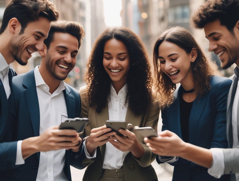 A group of young professionals from Bolivia happily using a fintech app on their smartphones.