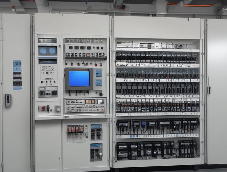 Technician working on an industrial PLC and HMI panel in a factory setting.