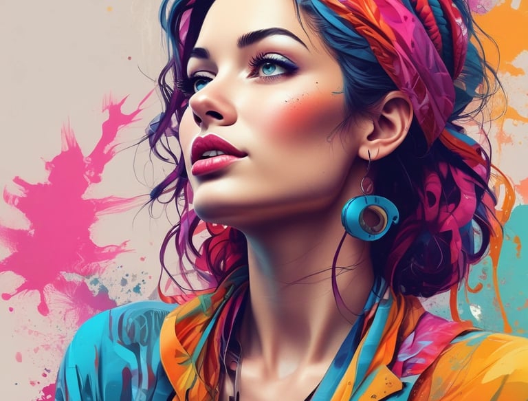 A vibrant workspace with colorful sketches and digital screens showing tee designs.