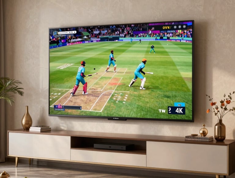 A sophisticated living room with a massive 4K Smart TV mounted on a textured wall. The TV shows a live cricket match with vibrant colors. The decor is Global / Indian-influenced with luxury textiles and clean lines, illuminated by soft evening light.
